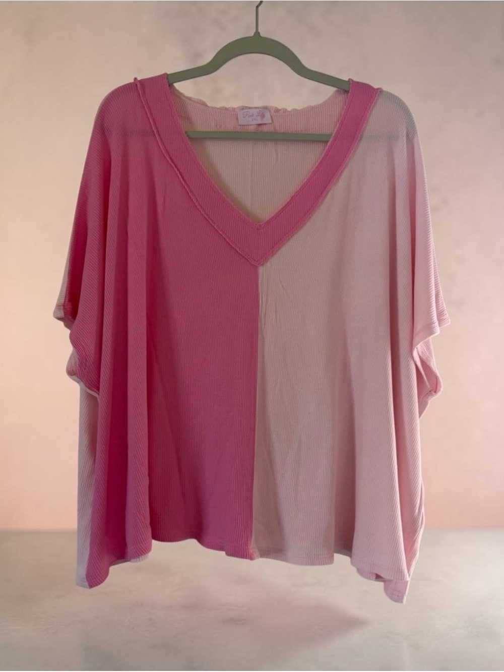 Pink Lily Colorblock Ribbed V-Neck Top Pink Two Tone Oversized Plus Size 2X